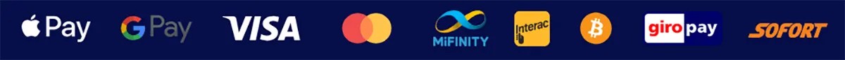 Row of payment method logos including Apple Pay, Google Pay, Visa, Mastercard, MiFinity, Interac, Bitcoin, giropay, and Sofort on a dark blue background.