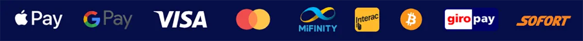 Row of payment method logos including Apple Pay, Google Pay, Visa, Mastercard, MiFinity, Interac, Bitcoin, giropay, and Sofort on a dark blue background.