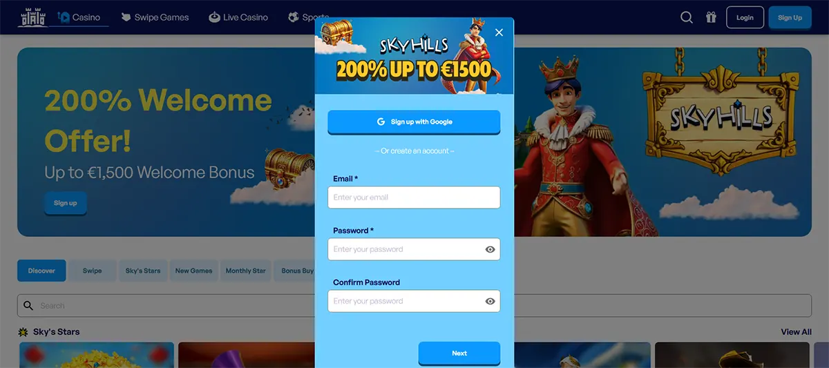 Skyhills Casino homepage with a registration pop-up showing a 200% up to €1500 welcome bonus, Google sign-up button, and email/password fields, over a banner with a crowned character and the Skyhills logo.