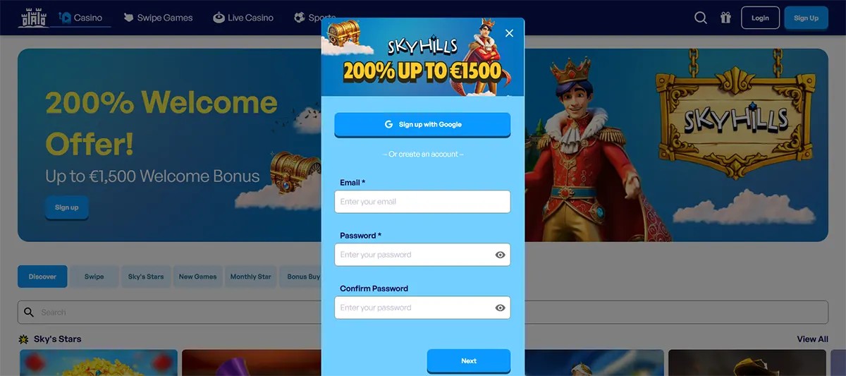 Skyhills Casino homepage with a registration pop-up showing a 200% up to €1500 welcome bonus, Google sign-up button, and email/password fields, over a banner with a crowned character and the Skyhills logo.